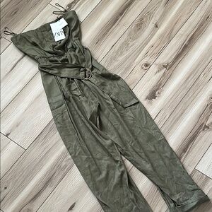 Zara Khaki Linen Strapless Jumpsuit with Belt
